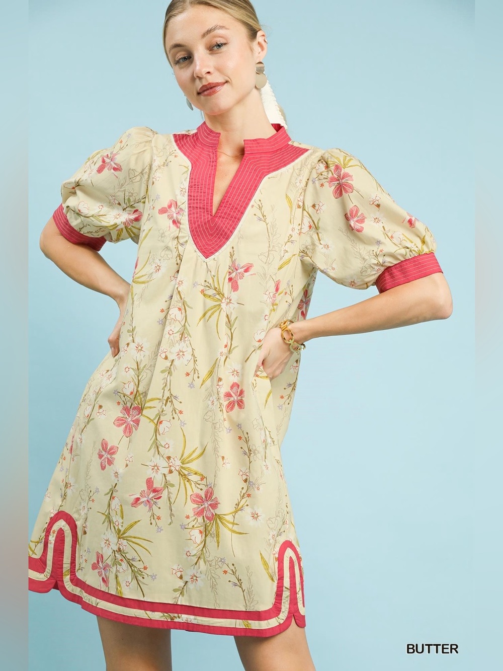 Umgee Floral Puff Sleeve Dress with Contrast Trim🛍️